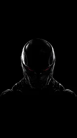 Shadowed cybernetic helmet emerges with ominous red glare.