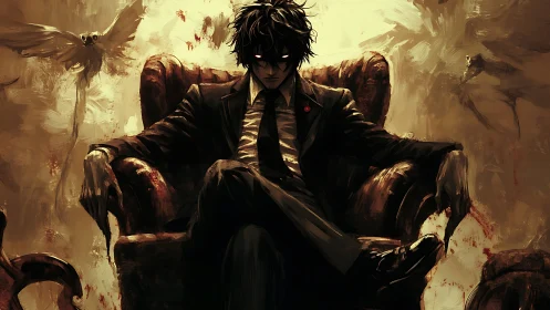 Dark suited figure seated in armchair with abstract wings.