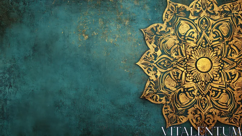 Gold mandala ornament on textured teal painted background.