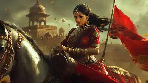 Warrior Queen in Red Sari on Horseback, Epic Historical Style.