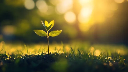 Young green seedling in sunrise light, nature macro photography.
