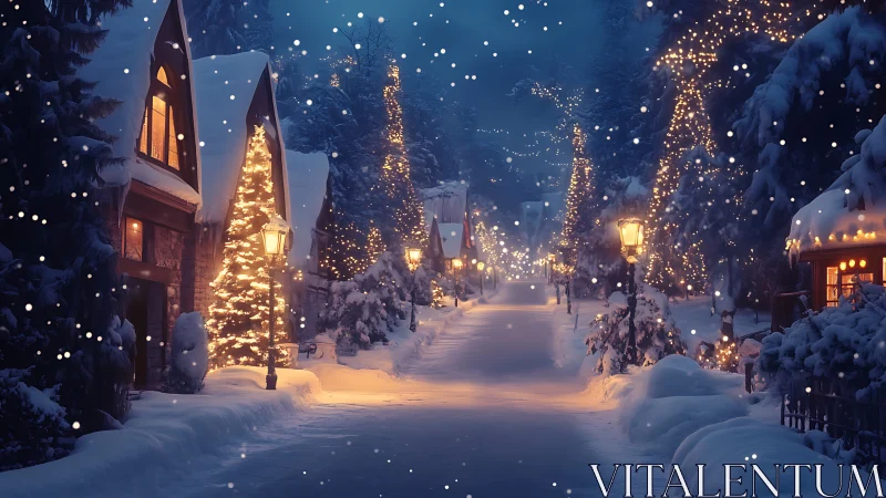 Snowlit village lane glows with twinkling winter enchantment.