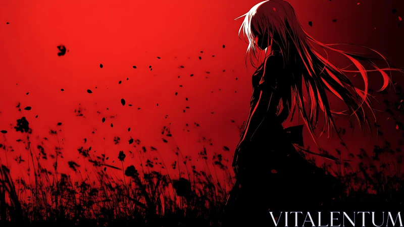 Silhouetted anime girl stands in red field under falling petals