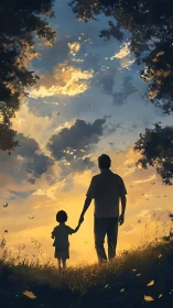 Sunlit meadow stroll where father and child meet skyfire.