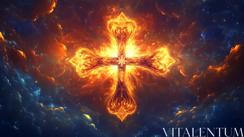 Luminous fiery cross suspended in nebular deep space field