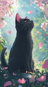 Black cat under cherry blossoms in soft backlit garden
