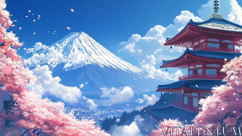 Sakura-framed five-story pagoda with Mount Fuji under clear sky