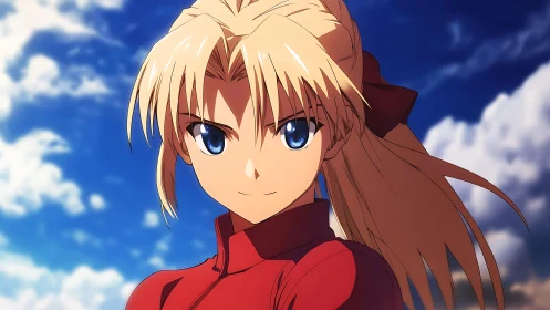 Blonde anime heroine under vivid blue sky portrait.