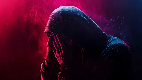 Hooded figure covering face in moody red blue lighting.