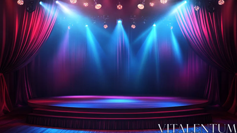Empty theater stage with colored spotlights and curtains.