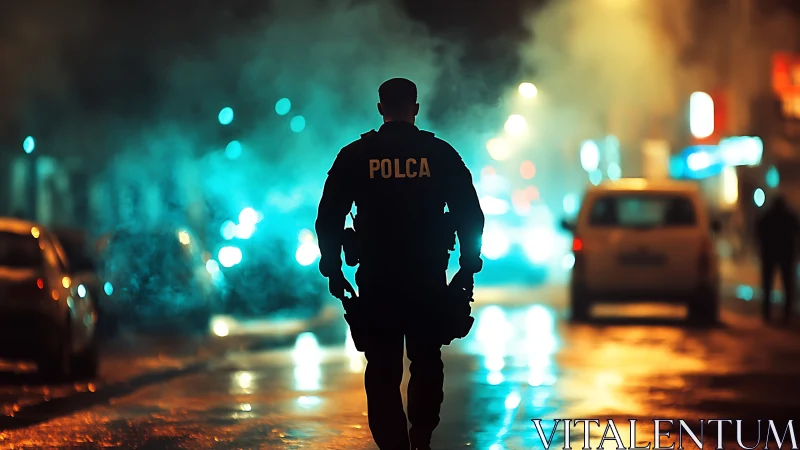 Night patrol silhouette in misty blue city glow.