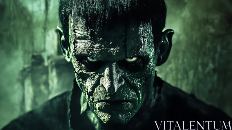 High-contrast close-up of stitched undead creature in green light