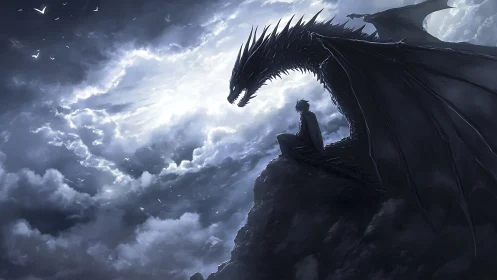 Quiet friendship between rider and dragon above bright clouds.