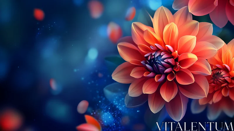 Red Dahlia Flowers Against Blue Bokeh Background.