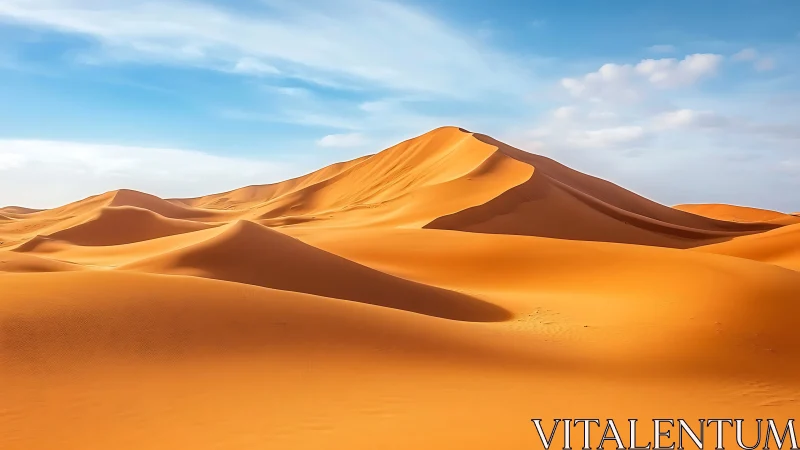 Sunlit dune ridges under expansive blue desert sky.