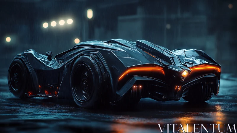 Futuristic black supercar in rainy neon city street scene.