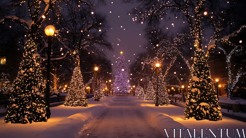 Snow-covered urban park walkway with illuminated Christmas trees