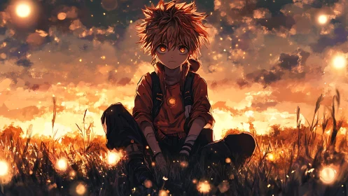 Golden hour anime kid resting in a glowing field at dusk.