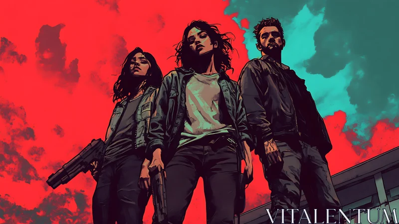 Armed trio under red cyan sky in dramatic comic style.