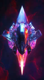Radiant crystal starship glides forward in neon cosmic glow