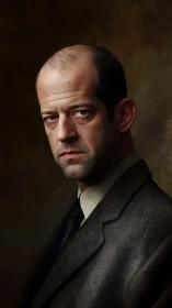 Photorealistic studio portrait of stern middle-aged man in suit.