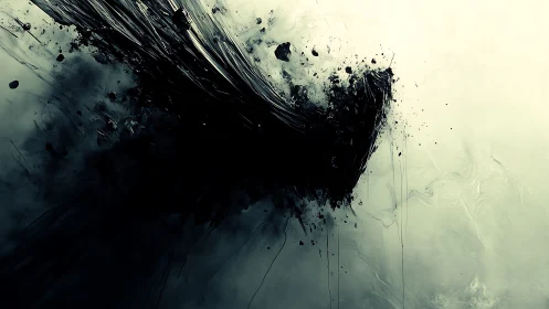 Dark abstract shard erupts across pale misty void.