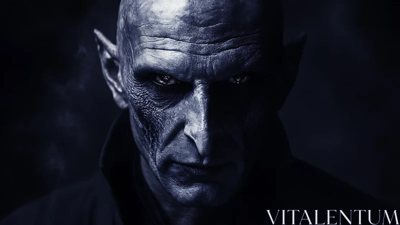 Monochrome close-up of bald humanoid with textured skin.