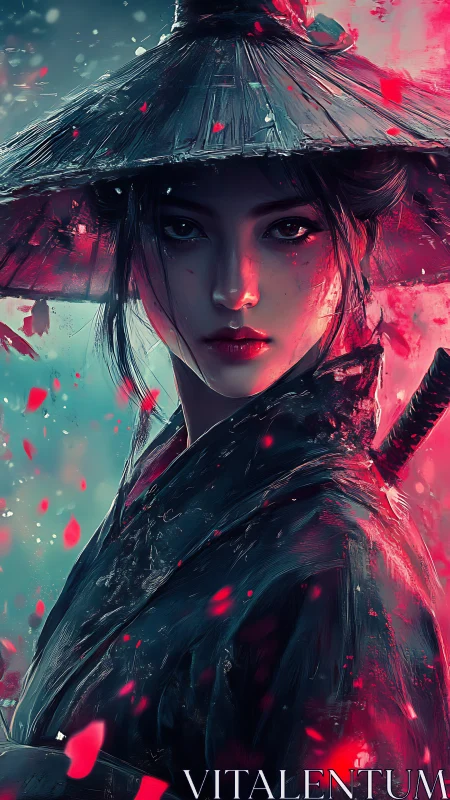 Female swordswoman stands in stylized portrait with falling petals