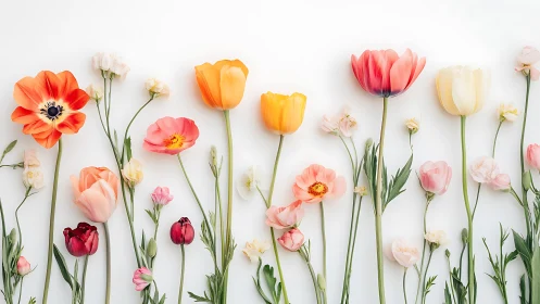 Mixed cut flowers arranged in flat lay composition on white background.