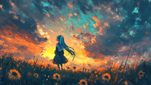 Girl with flowing hair studies blazing sunset over wildfield