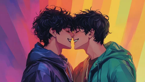 Rainbow-lit near kiss between mirrored boys in hoodies.