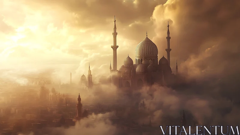 Golden sunrise bathes a misty palace city in soft light