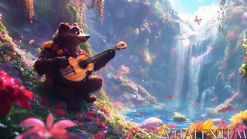 Cartoon bear plays guitar beside waterfall in floral canyon