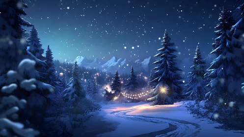 Snowlit forest lane twinkling under midnight lantern glow.