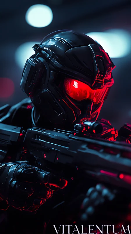 Neon-eyed cyber soldier hunts through midnight corridors.