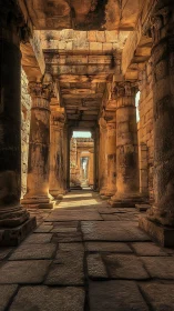 Stone colonnade corridor shows weathered capitals and axial light
