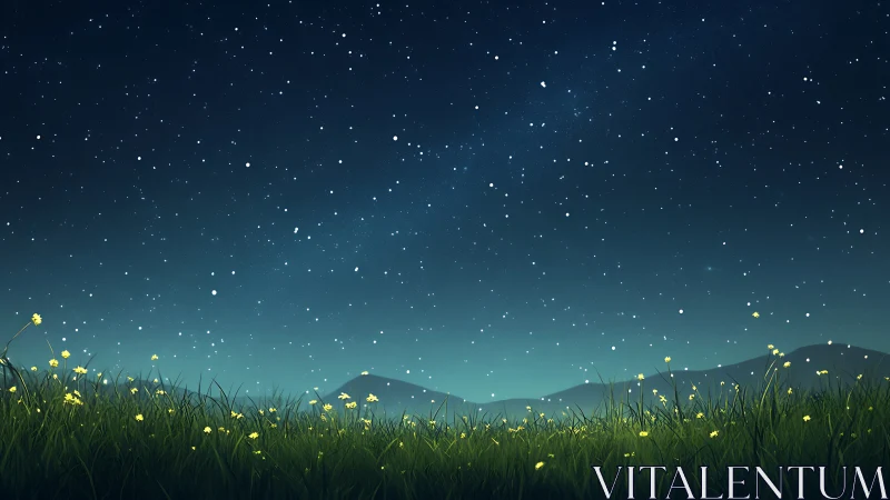 Quiet meadow under radiant starry night horizon sky.