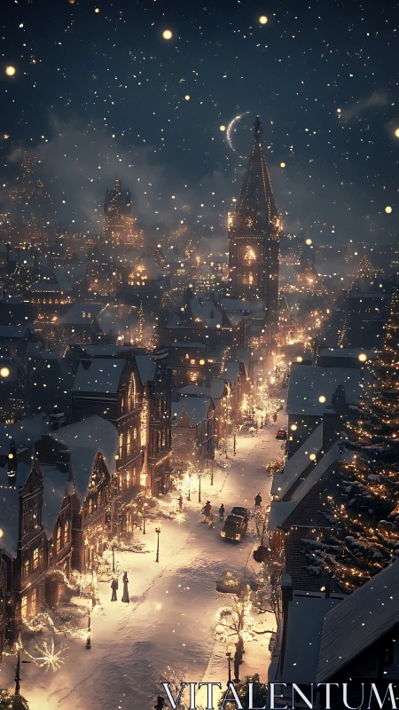 Snow-laden nocturnal townscape with luminous festive architecture.