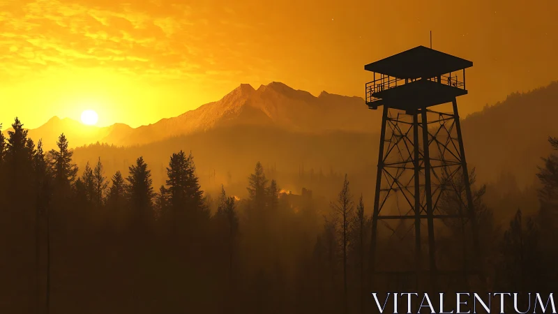 Silhouetted fire lookout tower against alpine sunrise haze