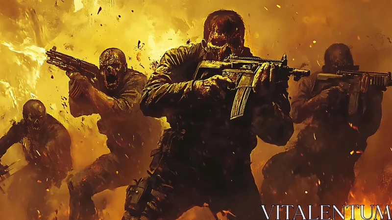 Armored soldiers advance through blazing inferno of war