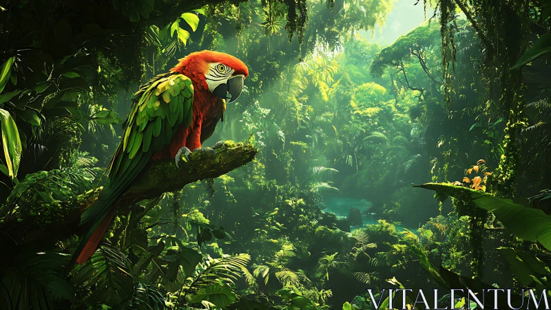 Scarlet macaw on mossy branch above lush jungle lagoon.
