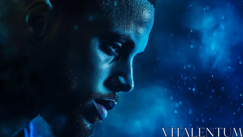 Sweat‑lit athlete profile rendered in cinematic blue chiaroscuro