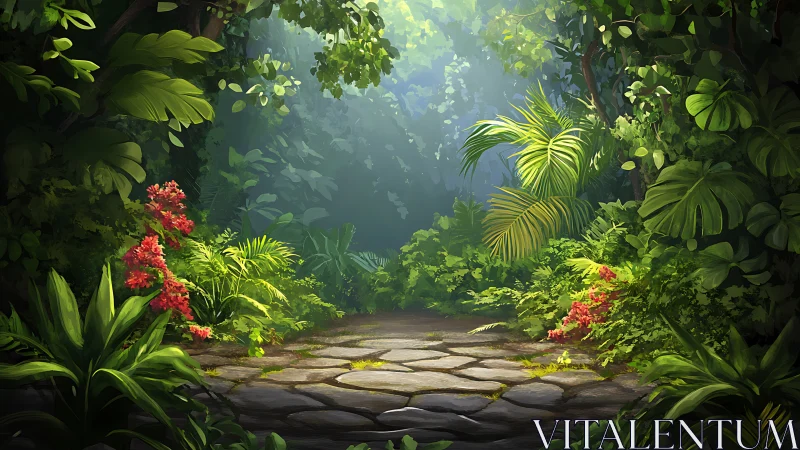 Jungle pathway with stone floor and flowering vegetation