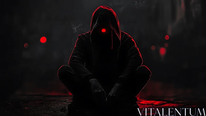 Hooded figure crouching in dark alley with red neon glow.