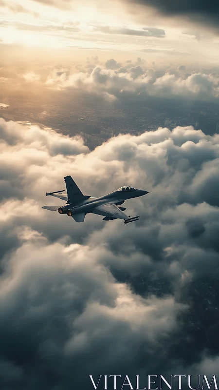 Modern fighter jet cutting through glowing storm clouds.