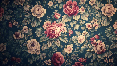 Vintage roses wander across teal twilight in quiet bloom
