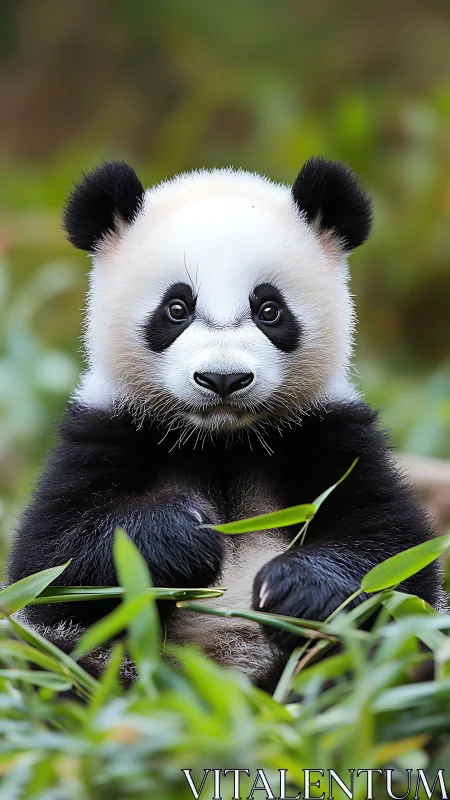 Panda cub sits among dense bamboo leaves in soft focus