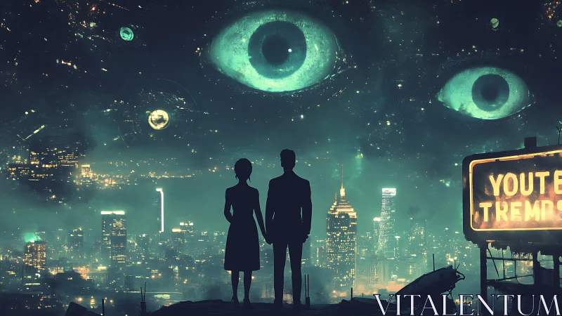 Lovers stand beneath data-sky, watched by cosmic neon eyes.