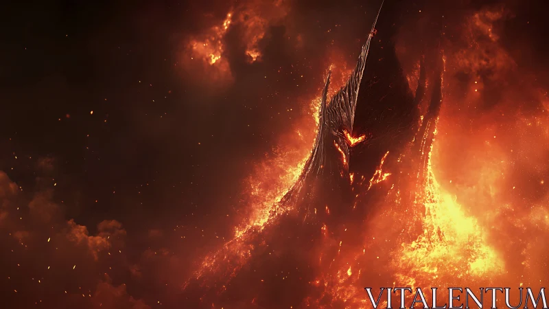 Fiery demonic figure emerging within erupting inferno.