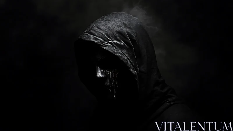 Hooded spectral figure with dripping mask in low key lighting.